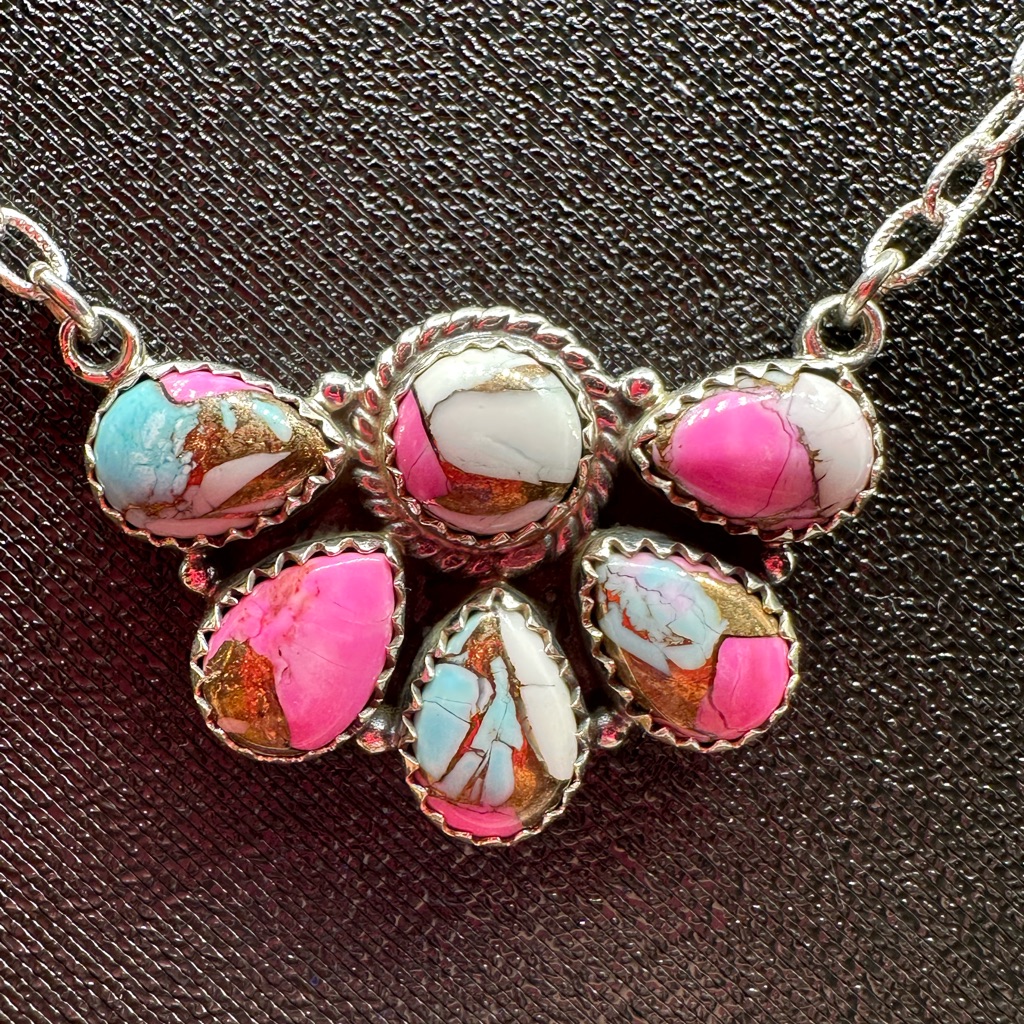 Cotton Candy Dahlia Turquoise 925 Sterling Silver Necklace Handmade Southwestern 175$